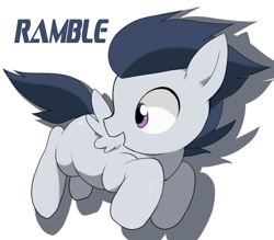 Size: 800x700 | Tagged: safe, artist:oniku, rumble, pegasus, pony, g4, colt, cute, flying, looking back, male, misspelling, simple background, solo, spread wings, text, white background, wings