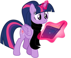 Size: 7189x5921 | Tagged: safe, alternate version, artist:severity-gray, derpibooru exclusive, twilight sparkle, alicorn, pony, g4, alternate hairstyle, book, clothes, cute, female, folded wings, glowing horn, horn, levitation, magic, magic aura, mare, ponytail, scarf, simple background, smiling, solo, telekinesis, transparent background, twiabetes, twilight sparkle (alicorn), vector, walking, wings