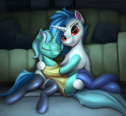 Size: 2023x1872 | Tagged: safe, artist:foxpit, dj pon-3, lyra heartstrings, vinyl scratch, pony, unicorn, g4, clothes, duo, duo female, eyes closed, female, horn, latex, latex socks, looking at you, mare, red eyes, socks, stockings, thigh highs