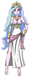 Size: 1464x3600 | Tagged: safe, artist:artemis-polara, princess celestia, equestria girls, barefoot, barefoot sandals, bracer, breasts, cleavage, clothes, corset, crown, dress, equestria girls-ified, feet, jewelry, regalia, sash, simple background, solo, toes, transparent background