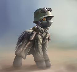 Size: 3400x3200 | Tagged: safe, artist:richmay, oc, oc only, changeling, equestria at war mod, camouflage, changeling oc, clothes, desert, german, goggles, helmet, high res, military, military uniform, solo, uniform, war, world war ii