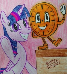 Size: 2142x2386 | Tagged: safe, artist:bsw421, twilight sparkle, alicorn, pony, g4, cartoon, crossover, high res, loki (tv series), looking back, miss minutes, smiling, tara strong, traditional art, twilight sparkle (alicorn), voice actor joke
