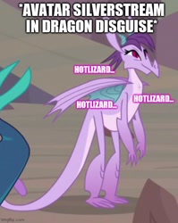 Size: 500x628 | Tagged: safe, edit, edited screencap, screencap, prominence, dragon, g4, sweet and smoky, avatar silverstream, avatar the last airbender, background dragon, caption, cropped, disguise, dragoness, female, image macro, implied silverstream, offscreen character, solo focus, text