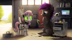 Size: 4096x2304 | Tagged: safe, artist:magfen, sweetie belle, oc, oc:lucid storm, bat pony, pony, robot, unicorn, g4, 3d printer, bat pony oc, circuit board, computer, food, mango, monitor, poster, screwdriver, screws, sweetie bot, toolbox, wires, wrench