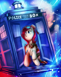 Size: 2000x2500 | Tagged: safe, artist:underdog234, oc, oc only, pegasus, pony, clothes, doctor who, fez, fourth doctor's scarf, hat, high res, police pubic call box, scarf, solo, space, striped scarf