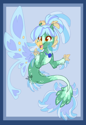 Size: 1258x1828 | Tagged: safe, artist:sapphirescarletta, oc, oc only, classical hippogriff, hippogriff, hybrid, seapony (g4), blue background, blue mane, claws, dorsal fin, female, fin wings, fins, fish tail, open mouth, open smile, seashell necklace, simple background, smiling, solo, tail, wings, yellow eyes