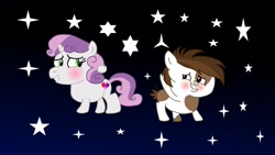 Size: 3264x1836 | Tagged: safe, artist:the double u, pipsqueak, sweetie belle, earth pony, pony, unicorn, fanfic:the knights of the night, g4, alternate universe, blushing, coat markings, cute, diasweetes, fanfic art, female, foal, male, pinto, ship:sweetiesqueak, shipping, squeakabetes, stars, straight