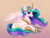 Size: 4263x3228 | Tagged: safe, artist:xbi, princess celestia, alicorn, pony, g4, :p, abstract background, crown, cute, cutelestia, ear fluff, eyeshadow, female, hoof shoes, jewelry, lidded eyes, lying down, makeup, mare, peytral, prone, raspberry, regalia, sillestia, silly, smiling, solo, spread wings, tongue out, wing fluff, wings