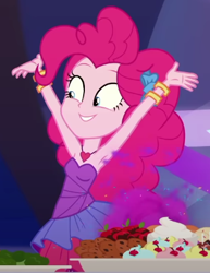 Size: 342x442 | Tagged: safe, screencap, pinkie pie, equestria girls, g4, my little pony equestria girls: better together, twilight under the stars, armpits, arms in the air, bare shoulders, bracelet, clothes, cropped, cute, dress, grin, hairband, heart necklace, jewelry, rah rah skirt, skirt, sleeveless, smiling, solo, strapless