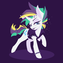 Size: 1000x1000 | Tagged: safe, artist:raygirl, rarity, pony, unicorn, g4, alternate hairstyle, clothes, female, lipstick, mare, punk, purple background, raripunk, simple background, solo, sparkles, spiked wristband, wristband