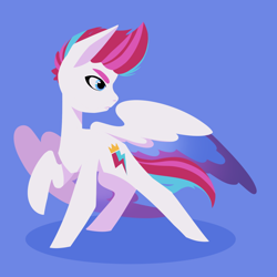 Size: 1000x1000 | Tagged: safe, artist:raygirl, zipp storm, pegasus, pony, g5, blue background, female, looking back, mare, raised hoof, simple background, solo, spread wings, wings