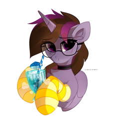 Size: 2000x2200 | Tagged: safe, artist:zlatavector, oc, oc only, alicorn, pony, bust, choker, clothes, cocktail, female, glasses, high res, mare, portrait, simple background, socks, solo, striped socks, white background