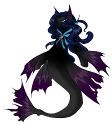 Size: 600x669 | Tagged: safe, artist:boastudio, oc, oc only, hybrid, merpony, seapony (g4), 2014, blue eyes, blue mane, ethereal mane, female, fin wings, fins, fish tail, flowing mane, flowing tail, simple background, solo, starry mane, tail, wings