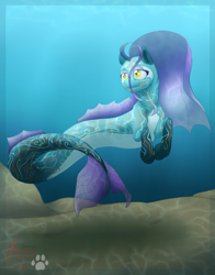 Size: 1854x2366 | Tagged: safe, artist:pieces-of-a-rose, oc, oc only, hybrid, merpony, seapony (g4), crepuscular rays, dorsal fin, fish tail, flowing mane, flowing tail, ocean, purple mane, signature, solo, sunlight, swimming, tail, underwater, water, yellow eyes