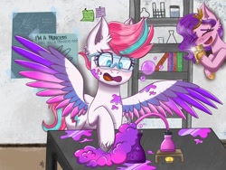 Size: 1080x810 | Tagged: safe, artist:galaxy swirl, pipp petals, zipp storm, pegasus, pony, g5, spoiler:g5, adorapipp, adorazipp, blushing, bubble, cellphone, chemistry, cute, duo, ear fluff, experiment, eyes closed, female, goggles, i'm a princess are you a princess too?, laughing, mare, open mouth, phone, priorities, royal sisters (g5), safety goggles, siblings, sisters, sisters being sisters, skewed priorities, slime, spread wings, table, unshorn fetlocks, wings