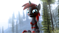 Size: 1360x768 | Tagged: safe, oc, oc only, oc:blushyblack, pony, unicorn, 3d, blurry background, female, gmod, looking at you, low quality, mare, mountain, nature, photoshop, sitting, smiling, solo, tree