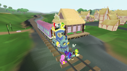 Size: 1920x1080 | Tagged: safe, oc, oc:grace seraph, pegasus, pony, unicorn, legends of equestria, female, game, game screencap, grass, horn, male, mare, pegasus oc, stallion, thatched roof cottages, train, train station, train tracks, unicorn oc, video game