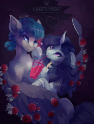 Size: 3418x4496 | Tagged: safe, artist:sweetlynight, oc, oc only, pegasus, pony, unicorn, chest fluff, choker, constellation, curved horn, ear fluff, flower, freckles, heart, horn, night, rose, stars, straw, straw in mouth