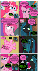 Size: 868x1638 | Tagged: safe, artist:dziadek1990, edit, edited screencap, screencap, pinkie pie, queen chrysalis, rainbow dash, changeling, changeling queen, earth pony, pegasus, pony, a trivial pursuit, g4, the mean 6, too many pinkie pies, alternate universe, baseball, comic, conversation, dialogue, female, polish, requested art, screencap comic, sports, text