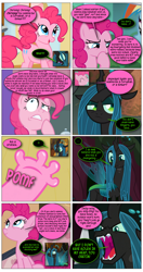 Size: 868x1638 | Tagged: safe, artist:dziadek1990, edit, edited screencap, screencap, pinkie pie, queen chrysalis, rainbow dash, changeling, changeling queen, earth pony, pegasus, pony, a trivial pursuit, g4, the mean 6, too many pinkie pies, alternate universe, baseball, comic, conversation, dialogue, female, requested art, screencap comic, sports, text, translation