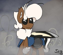 Size: 1600x1400 | Tagged: safe, artist:stemthebug, oc, oc only, oc:stem bedstraw, hybrid, insect, moth, mothpony, original species, pony, fog, frying pan, hollow knight, shell, solo