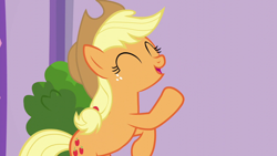 Size: 1280x720 | Tagged: safe, screencap, applejack, earth pony, pony, applejack's "day" off, g4, season 6, bipedal, cropped, cute, eyes closed, jackabetes, open mouth, smiling, solo