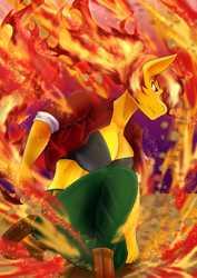 Size: 2480x3508 | Tagged: safe, artist:mantarwolf, oc, oc only, oc:red fire, elemental pony, anthro, unguligrade anthro, anthro oc, breasts, clothes, commission, digital art, female, fire, gift art, high res, kneeling, mare, pants, ponytail, smiling, solo, ych result