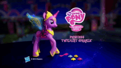Size: 640x360 | Tagged: safe, twilight sparkle, alicorn, human, pony, g4, official, 2013, animated, big crown thingy, commercial, crystal princess celebration, electronic toy, element of magic, flapping, hasbro logo, jewelry, let's fly to the castle, regalia, sound, target demographic, toy, twilight sparkle (alicorn), webm