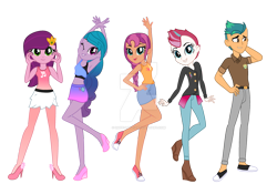 Size: 1280x849 | Tagged: safe, artist:gihhbloonde, artist:hate-love12, artist:katnekobase, hitch trailblazer, izzy moonbow, pipp petals, sunny starscout, zipp storm, equestria girls, g4, g5, base used, belt, boots, clothes, converse, deviantart watermark, equestria girls-ified, female, g5 to equestria girls, g5 to g4, generation leap, grin, high heels, jacket, jeans, leather jacket, male, mane five, midriff, obtrusive watermark, one eye closed, pants, shirt, shoes, shorts, simple background, skirt, smiling, sports bra, tank top, transparent background, watermark, wink