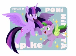 Size: 1024x766 | Tagged: safe, artist:efuji_d, spike, twilight sparkle, alicorn, pegasus, pony, g4, my little pony. poni nimeltä spike, colt, female, finnish, flying, male, mare, ponified, ponified spike, species swap, twilight sparkle (alicorn)