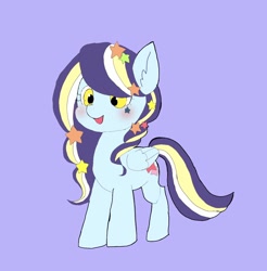 Size: 1008x1024 | Tagged: safe, artist:efuji_d, oc, oc only, pegasus, pony, blushing, female, mare, open mouth, purple background, simple background, solo, stars, yellow eyes