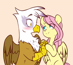 Size: 3340x2970 | Tagged: safe, artist:chub-wub, fluttershy, gilda, griffon, pegasus, pony, blushing, eye clipping through hair, eyebrows, eyebrows visible through hair, female, frown, gildashy, high res, holding hooves, lesbian, looking at each other, mare, shipping, simple background, smiling, surprised