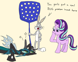 Size: 1720x1371 | Tagged: safe, artist:bugssonicx, queen chrysalis, starlight glimmer, changeling, pony, rabbit, unicorn, g4, abuse, animal, bugs bunny, chrysabuse, crossover, cute, female, flyswatter, glimmerbetes, hand on hip, head lump, looney tunes, lump, male, mare, slapstick, trio