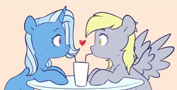 Size: 4096x2100 | Tagged: safe, artist:chub-wub, derpy hooves, trixie, pegasus, pony, unicorn, g4, female, food, heart, lesbian, looking at each other, mare, milkshake, sharing a drink, shipping, straw, table, tripy