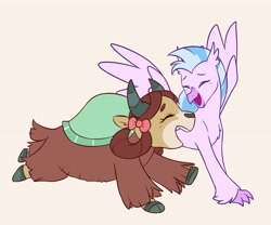 Size: 4096x3410 | Tagged: safe, artist:chub-wub, silverstream, yona, classical hippogriff, hippogriff, yak, g4, bow, cloven hooves, eyes closed, female, hair bow, lesbian, monkey swings, open mouth, running, ship:yonastream, shipping, simple background, tan background