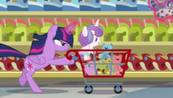 Size: 720x405 | Tagged: safe, screencap, princess flurry heart, twilight sparkle, alicorn, pony, a flurry of emotions, g4, season 7, animated, aunt and niece, baby, baby pony, bipedal, duo, duo female, faic, female, gif, glowing horn, gotta go fast, helmet, horn, magic, magic aura, mare, running, shopping cart, tongue out, toy store, twilight sparkle (alicorn)