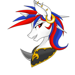 Size: 626x628 | Tagged: safe, artist:snowi, oc, oc:snowi, pony, unicorn, armor, black armor, blue mane, bust, ear piercing, earring, female, gold, horn, horns, jewelry, mare, mutant, piercing, red eyes, red mane, sharp tooth, solo, white hair