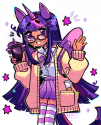 Size: 1523x1887 | Tagged: dead source, safe, artist:jack0ran, twilight sparkle, alicorn, human, g4, barrette, bowtie, cardigan, clothes, colored pupils, dark skin, eared humanization, female, freckles, glasses, horn, horned humanization, humanized, phone, pleated skirt, scroll, simple background, skirt, smiling, socks, solo, stars, stockings, striped socks, thigh highs, twilight sparkle (alicorn), white background, winged humanization, wings, zettai ryouiki
