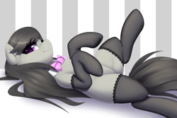 Size: 3000x2000 | Tagged: safe, artist:thebatfang, octavia melody, earth pony, pony, g4, abstract background, accessory, bowtie, clothes, cute, featureless crotch, female, high res, lace, looking at you, lying down, mare, messy mane, on back, smiling, socks, solo, stockings, tavibetes, thigh highs