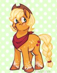 Size: 360x465 | Tagged: safe, artist:pigeorgien, applejack, earth pony, pony, g4, abstract background, alternate design, alternate hairstyle, applejack's hat, braided tail, coat markings, cowboy hat, eating, female, freckles, hat, kerchief, mare, solo, unshorn fetlocks