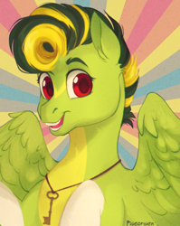 Size: 584x732 | Tagged: safe, artist:pigeorgien, oc, oc only, oc:forrest wind, pegasus, pony, coat markings, eyebrows, key, looking at you, smiling, smiling at you, socks (coat markings), solo, wings