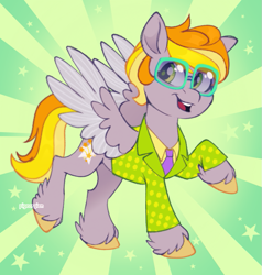 Size: 855x899 | Tagged: safe, artist:pigeorgien, oc, oc only, oc:star trails, pegasus, pony, g5, clothes, colored wings, glasses, multicolored wings, necktie, open mouth, smiling, solo, spread wings, style emulation, suit, unshorn fetlocks, wings