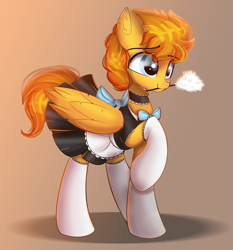 Size: 2083x2237 | Tagged: oc name needed, safe, artist:janelearts, oc, oc only, pegasus, pony, bow, choker, clothes, crossdressing, dress, duster, ear fluff, high res, maid, male, mouth hold, raised hoof, smiling, solo, stallion, stockings, thigh highs