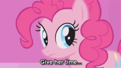 Size: 498x278 | Tagged: safe, screencap, pinkie pie, earth pony, pony, g4, season 1, suited for success, animated, caption, female, gif, give her time, image macro, mare, meme, reaction gif, reaction image, solo, text