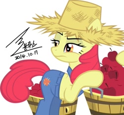 Size: 743x691 | Tagged: safe, artist:bluse, apple bloom, earth pony, pony, g4, apple, barrel, clothes, female, food, hat, mare, older, older apple bloom, overalls, signature, simple background, solo, vector, white background