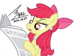 Size: 900x665 | Tagged: safe, artist:bluse, apple bloom, earth pony, pony, g4, bow, ear piercing, earring, female, foal free press, jewel bloom, jewelry, mare, necklace, newspaper, older, older apple bloom, open mouth, pearl necklace, piercing, signature, simple background, solo, vector, white background