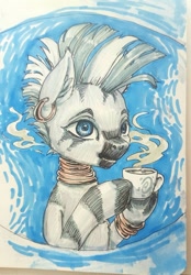 Size: 640x919 | Tagged: safe, artist:kovoranu, zecora, pony, zebra, g4, abstract background, bracelet, coffee, cup, ear fluff, ear piercing, earring, female, jewelry, mare, neck rings, piercing, solo, steam, traditional art