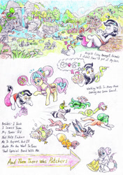 Size: 1024x1452 | Tagged: safe, artist:grimmyweirdy, angel bunny, fluttershy, oc, oc:illusive, ape, bear, beaver, big cat, bird, cat, chicken, duck, flamingo, fox, frog, hybrid, keel-billed toucan, kitsune, lion, mouse, octopus, otter, rabbit, raccoon, snake, toucan, g4, animal, apron, bag, chaos, cheese, clothes, food, hair bun, head swap, headwrap, interspecies offspring, offspring, parent:discord, parent:fluttershy, parents:discoshy, saddle bag, scar, story included, sweet feather sanctuary, tail wrap, traditional art
