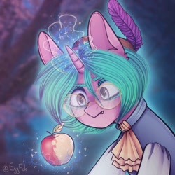 Size: 768x768 | Tagged: safe, artist:eggguy, oc, oc only, oc:taishi, pony, unicorn, apple, clothes, commission, food, glasses, magic, magic aura, male, round glasses, solo, stallion, ych result