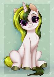 Size: 1765x2527 | Tagged: safe, artist:lina, oc, oc only, pony, unicorn, abstract background, sitting, solo